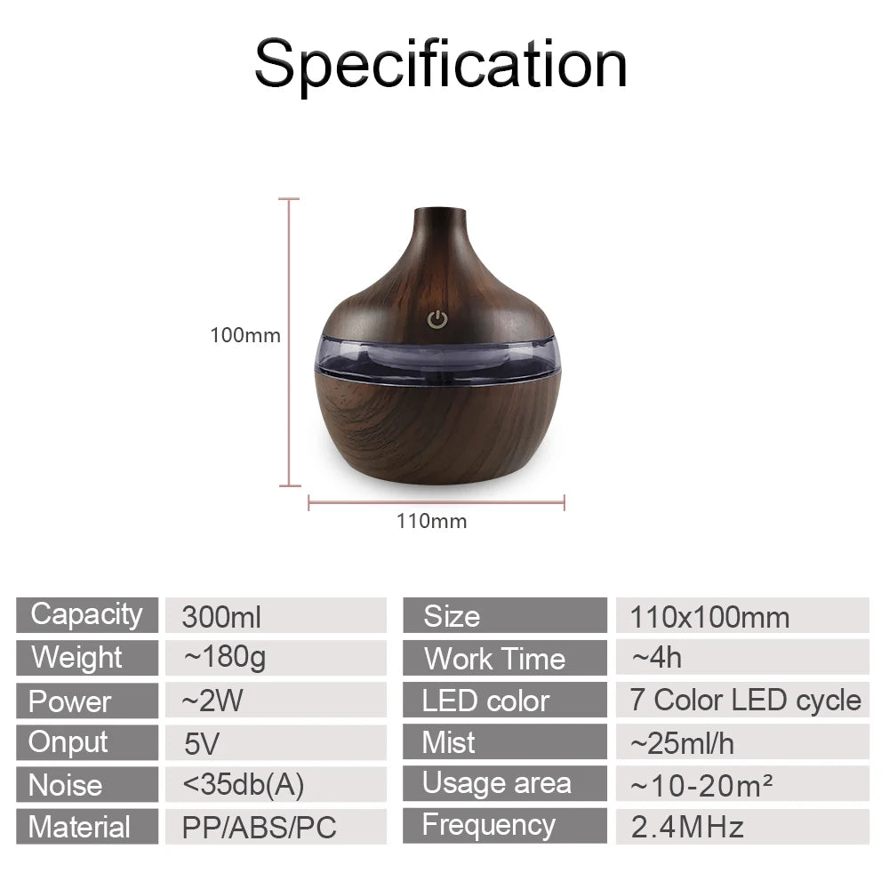 Portable USB Humidifier & Aromatherapy Diffuser with 7-Color LED – 300ml