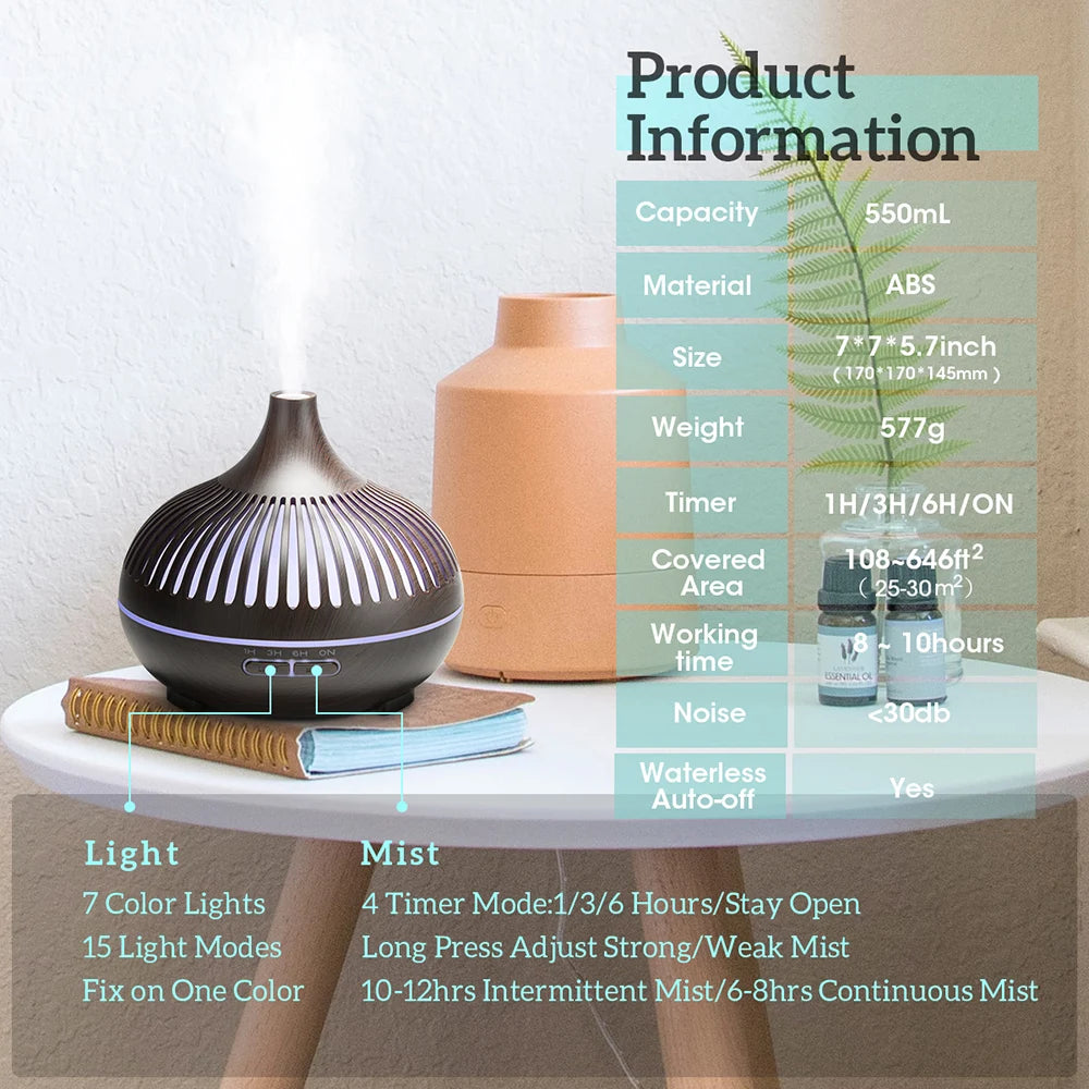 500ml Wood Grain Ultrasonic Essential Oil Diffuser with Remote & LED